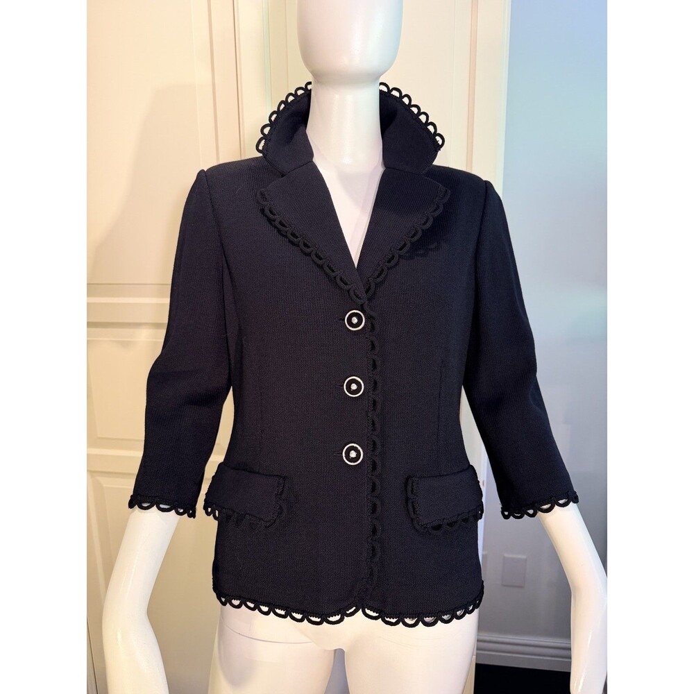St John  Women's Navy Blue Scalloped Trim Knit Blazer Jacket 3/4 Sleeve 10